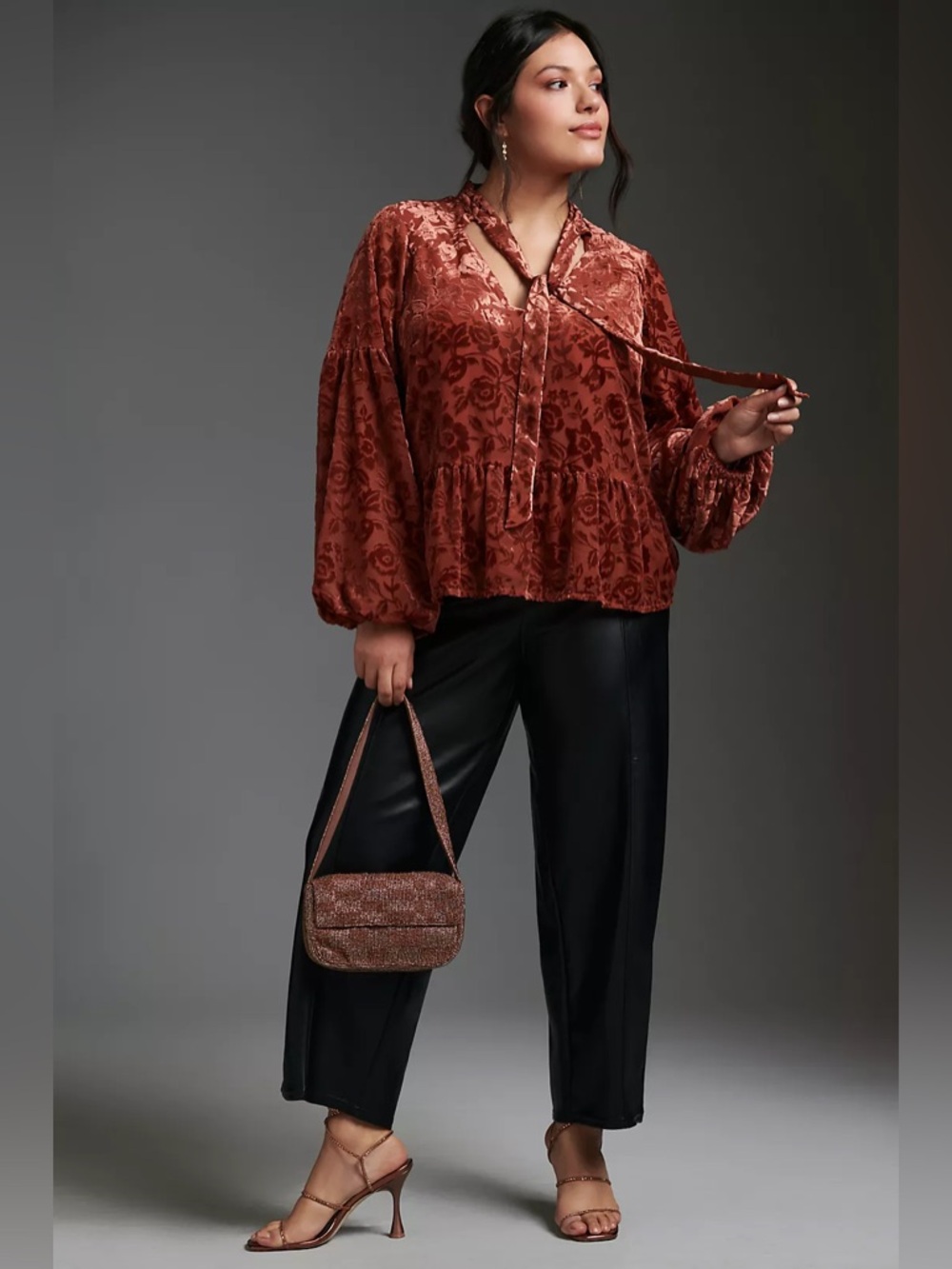 By Anthropologie‎ Floral Velvet Tie Neck Blouse XS Peplum Chic Romantic Trendy